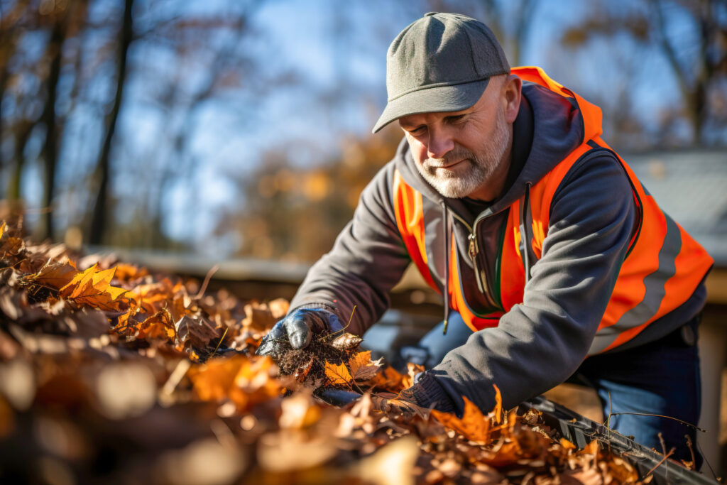 Man maintains his house by cleaning leaves